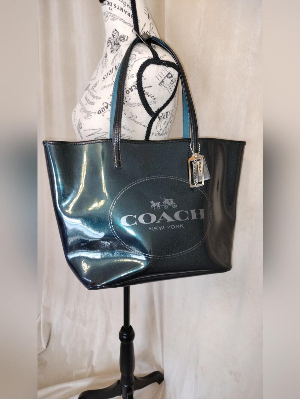 NWOT! COACH Metallic Midnight Blue Patent Leather Tote w/Embossed COACH Logo